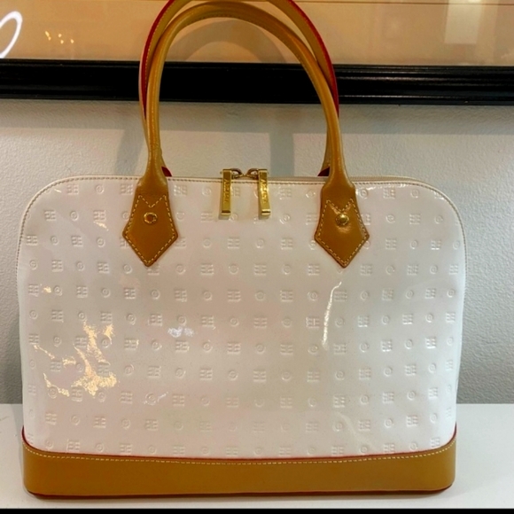 Arcadia Handbags - Arcadia White Tan Metric Dome Patent leather bag
